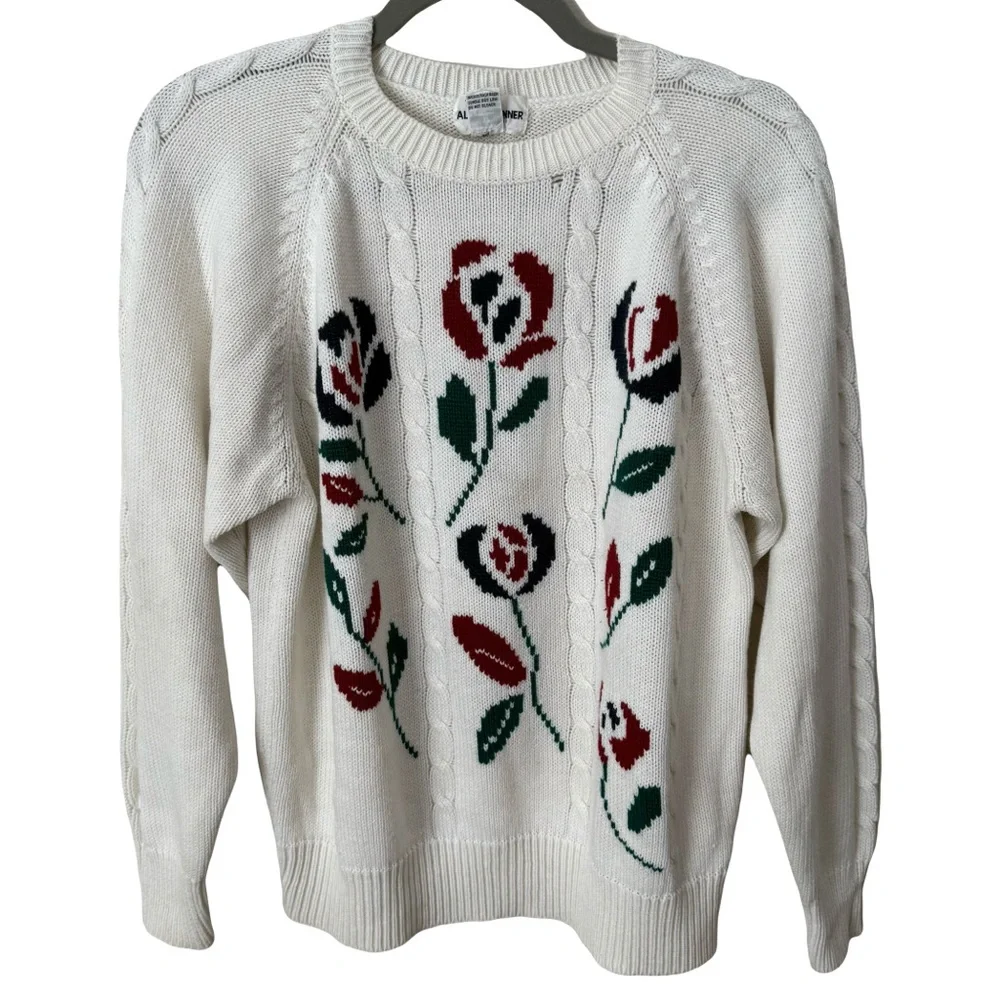 Vintage Alfred Dunner Floral Knit‎ Chunky Cottage White Crewneck Sweater Medium